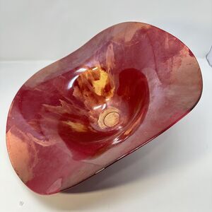 Large 14" Freeform Art Glass Centerpiece Bowl–Handblown Vibrant Red & Gold Swirl